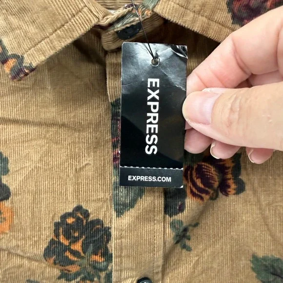 Express Button Down Shirt Womens Corduroy Floral Rose Tan Burgundy Green Medium - Picture 3 of 12